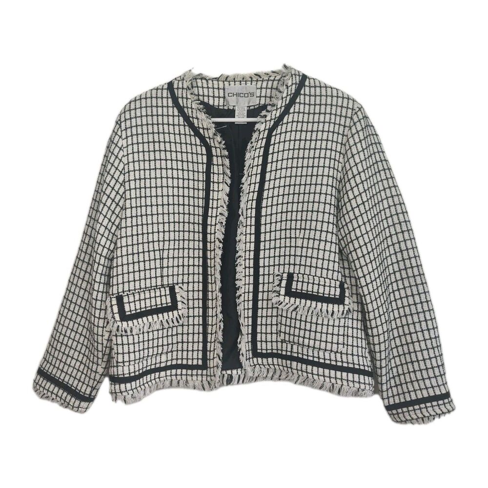 Chico's White & Black Check Boucle Women's Open Front Blazer, size 2, fringe
